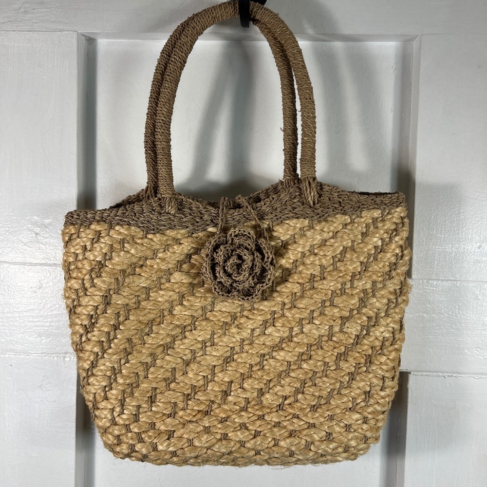 Woven Straw Tote Bag Natural Tan Braided Beach Handbag with Floral Accent